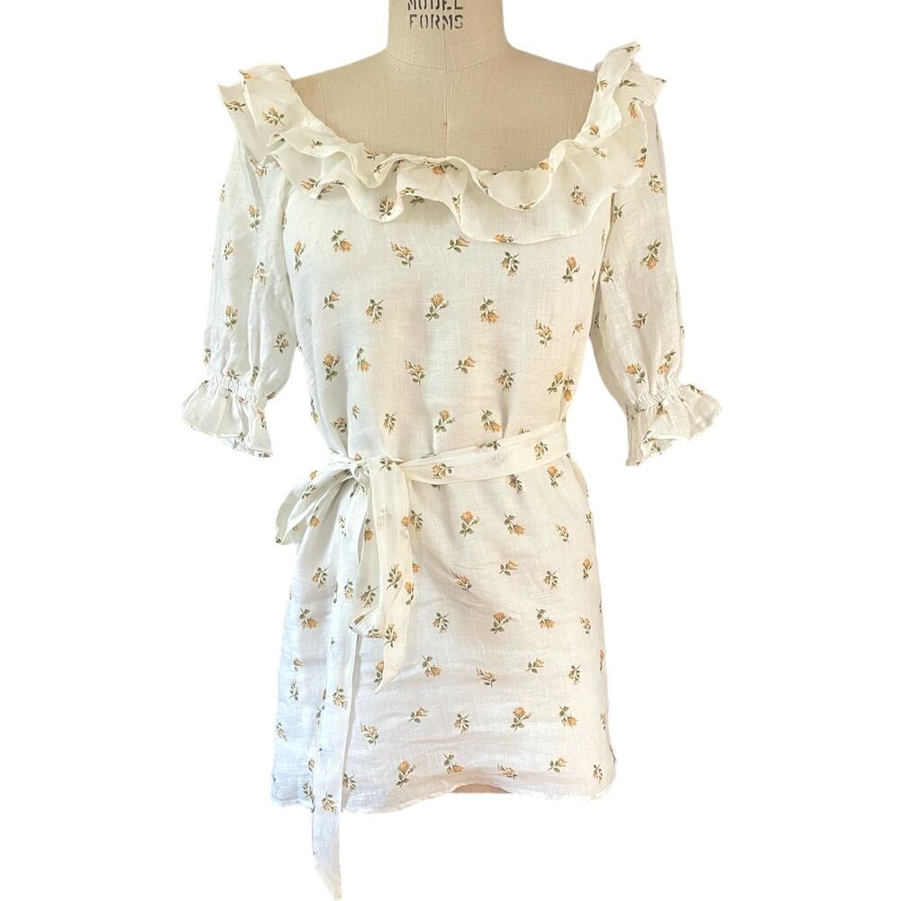 Reformation Indio Linen Off-the-Shoulder Floral Mini Dress Size XS Vacation